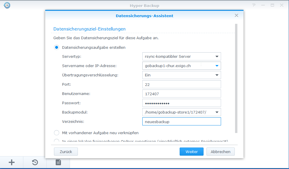 Einstellungen für Zugriff auf go Backup Server