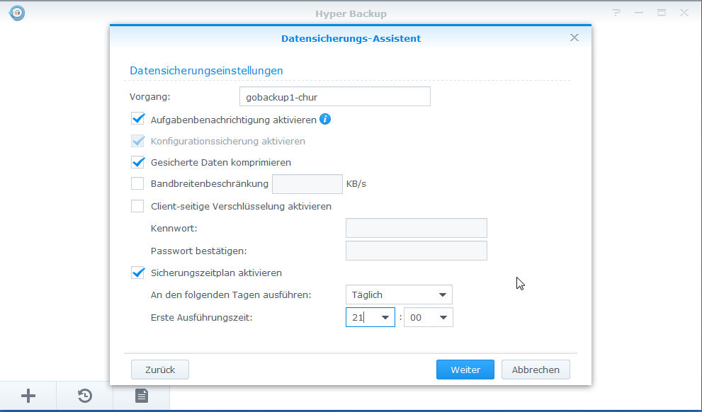 Synology NAS - Hyper Backup - weiter Einstellungen