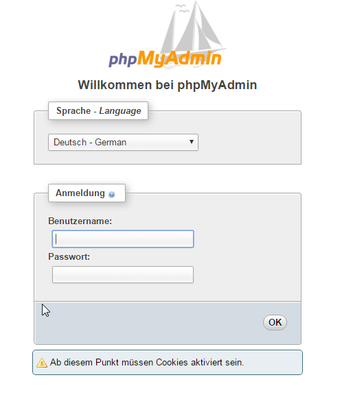 Loginbildschirm phpMyAdmin